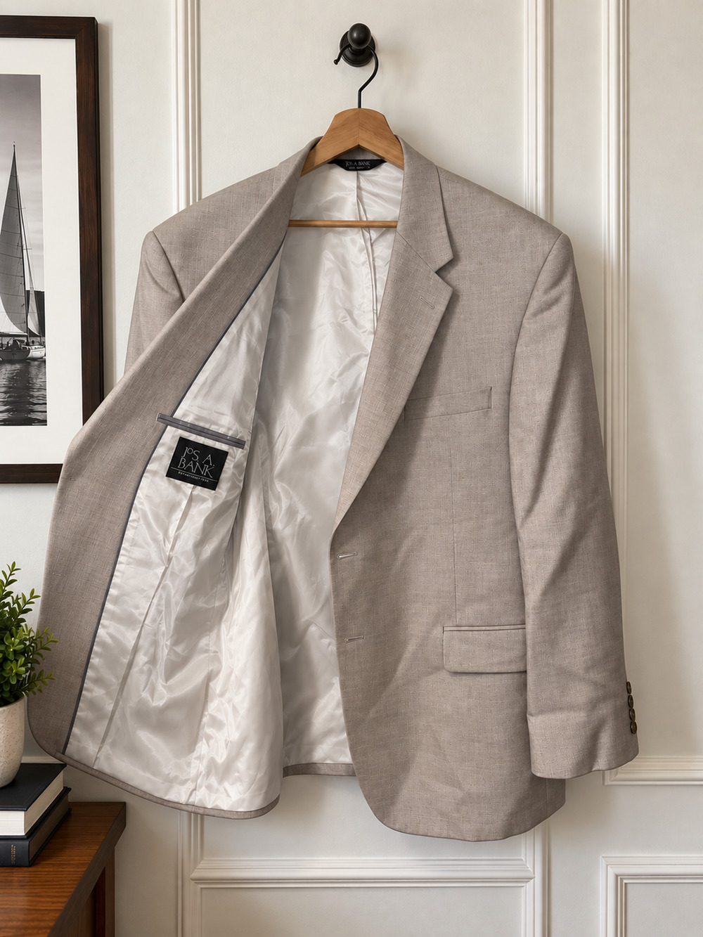 Jos A Bank 48R Beige Linen Wool Sport Coat Blazer Jacket Men's 2 Button